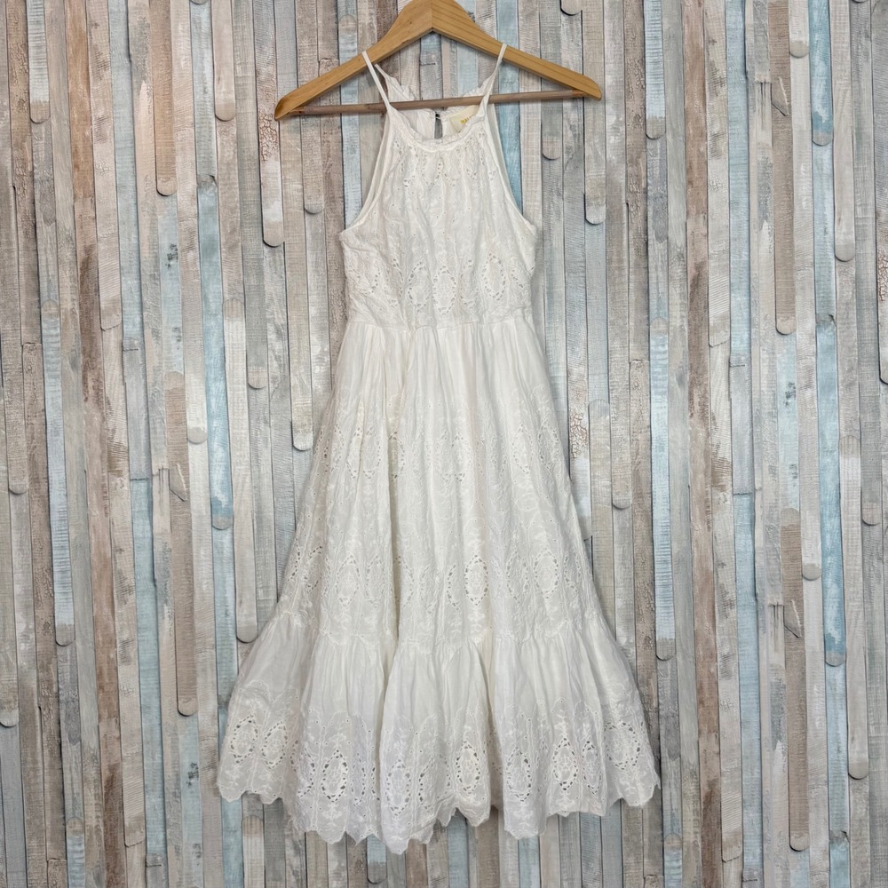 Maeve Anthropologie Tiered Eyelet Flounce Midi Dress White Halter Embroidered  0 - Picture 2 of 11
